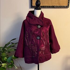 Elegant Burgundy Embroidered Coat, handmade, stunning design, large size